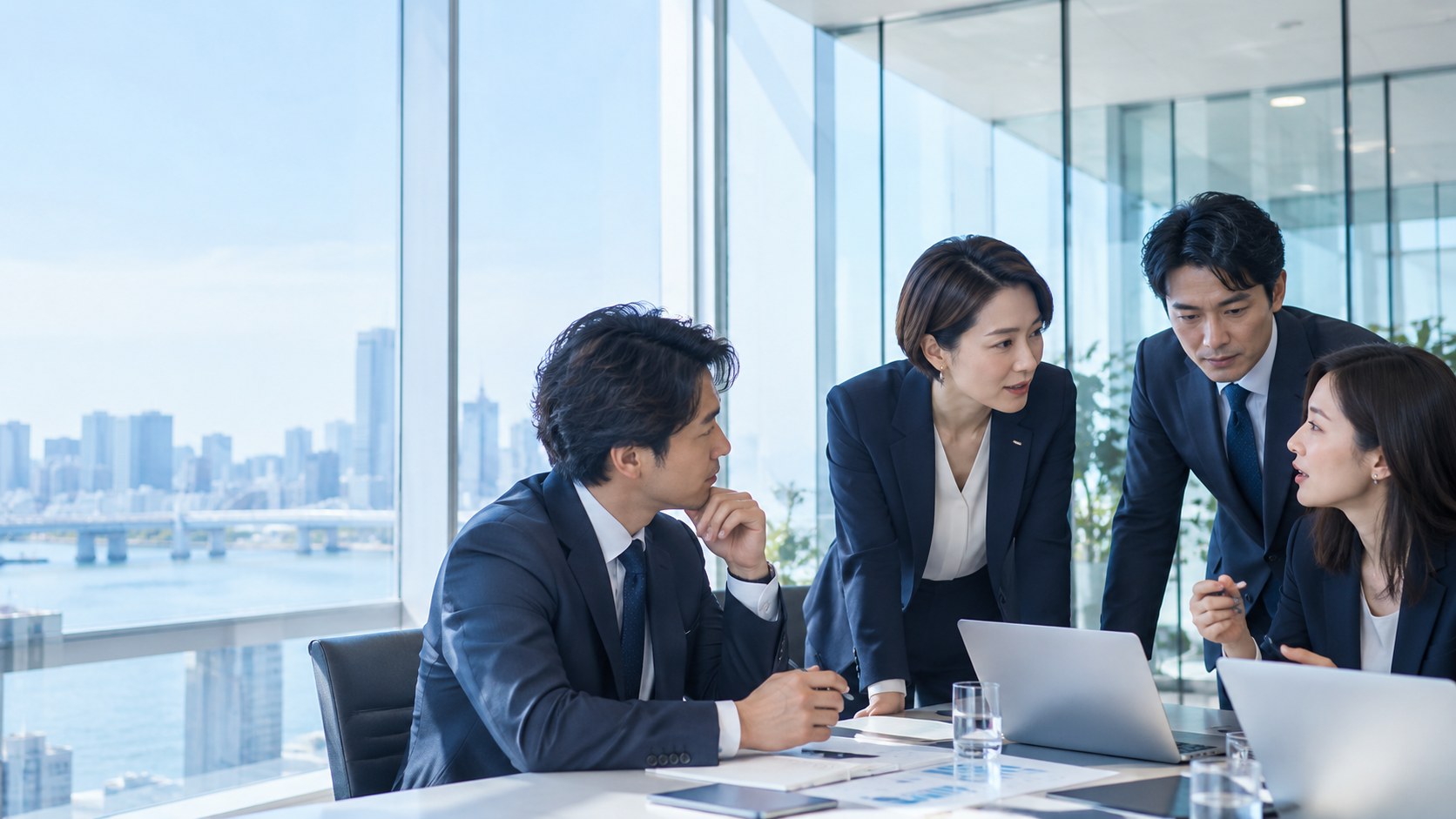 資料をもとに事業と広告の戦略を話し合うイメージ